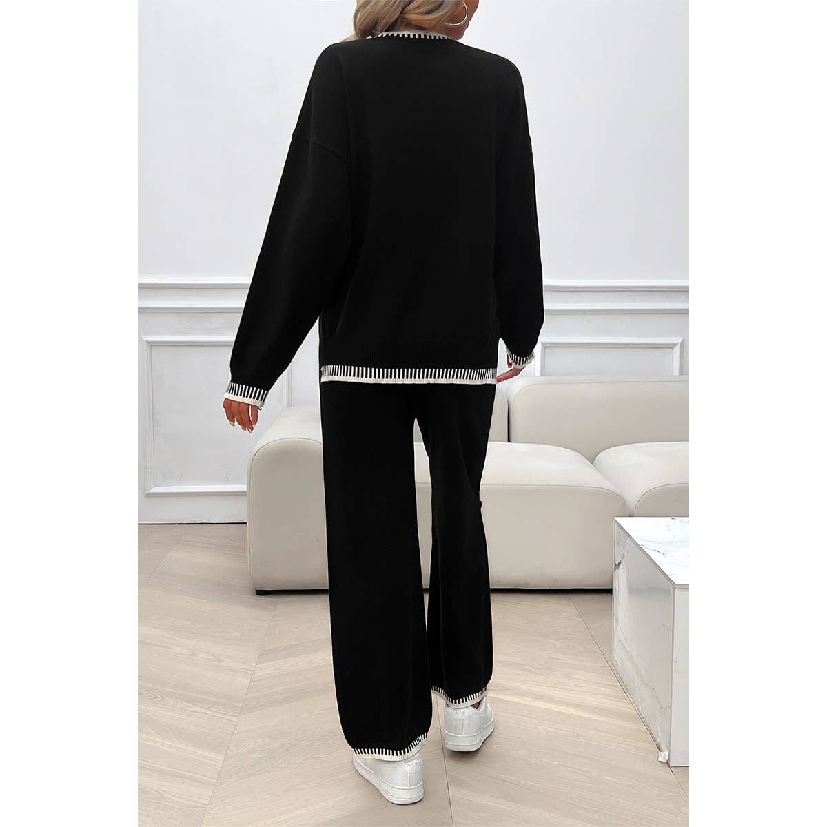 Black Round Neck Drop Shoulder Loose Set