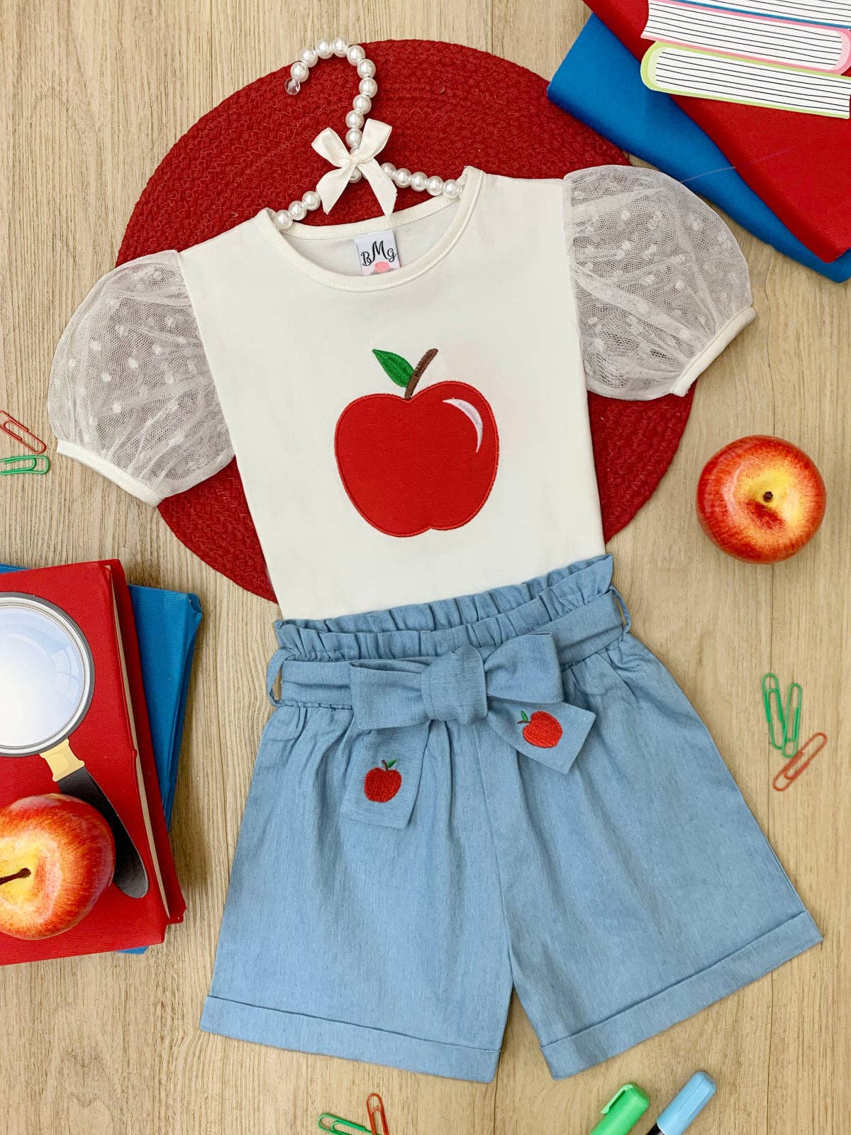 Best Dressed Apple Puff Sleeve Top & Bow Short Set
