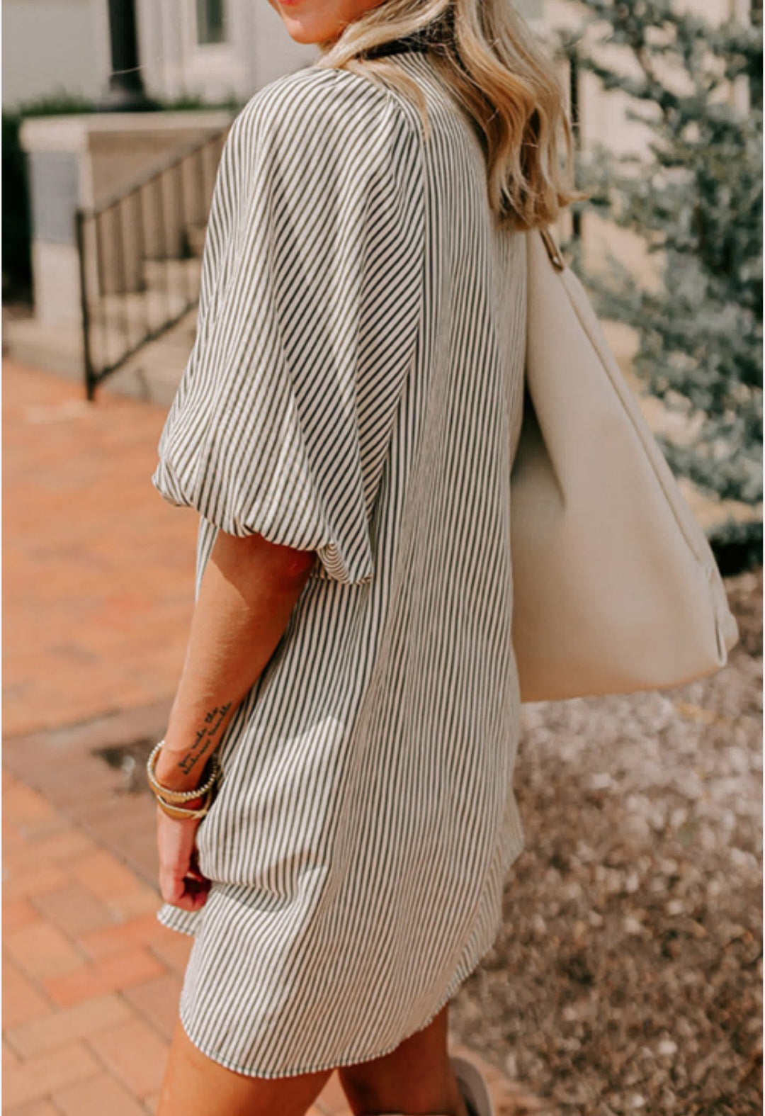 Patch Pockets Button Down Puff Sleeve Dress