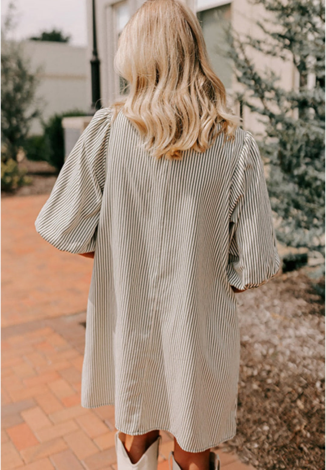 Patch Pockets Button Down Puff Sleeve Dress