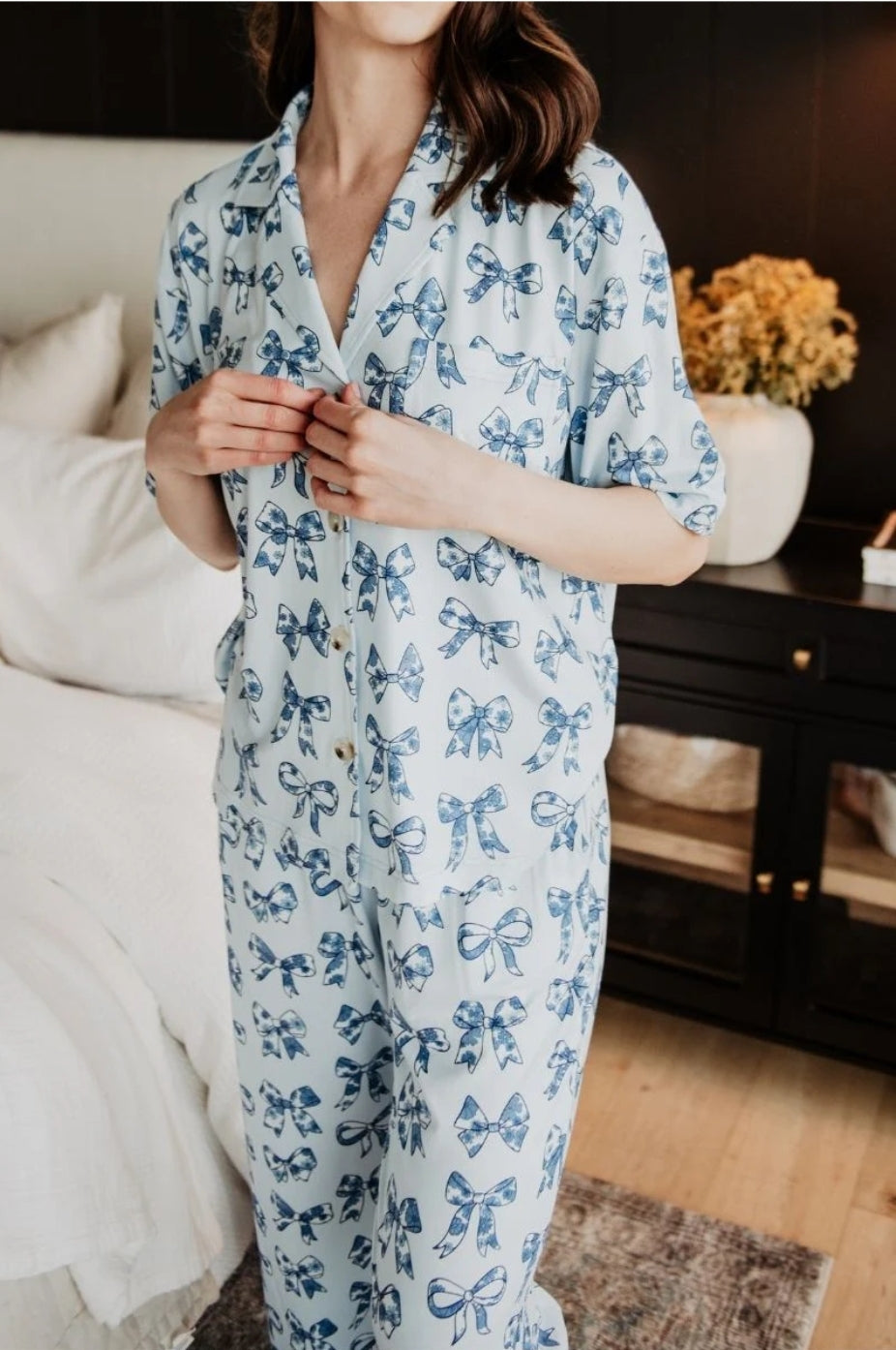 Light Blue Toile Bows Pajama Set