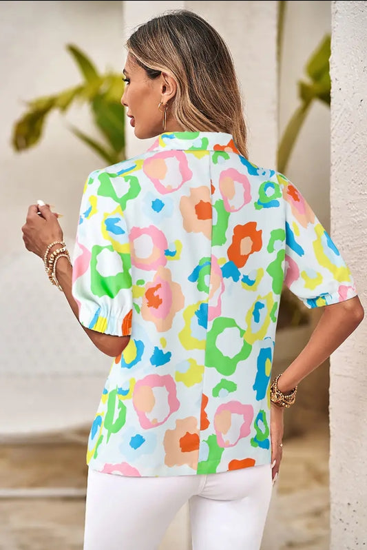 Leopard Casual Short Sleeve V Neck Blouse