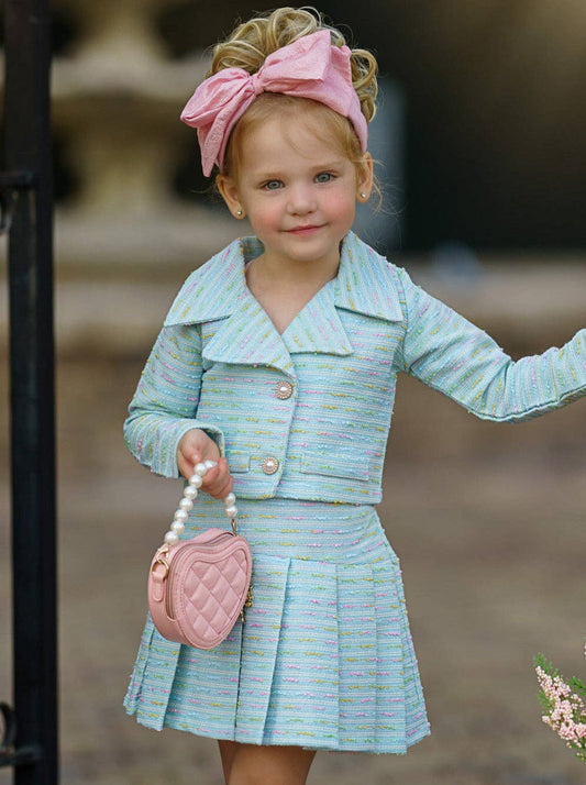Little Sweetie Tweed Matching Blazer And Pleated Skirt Set