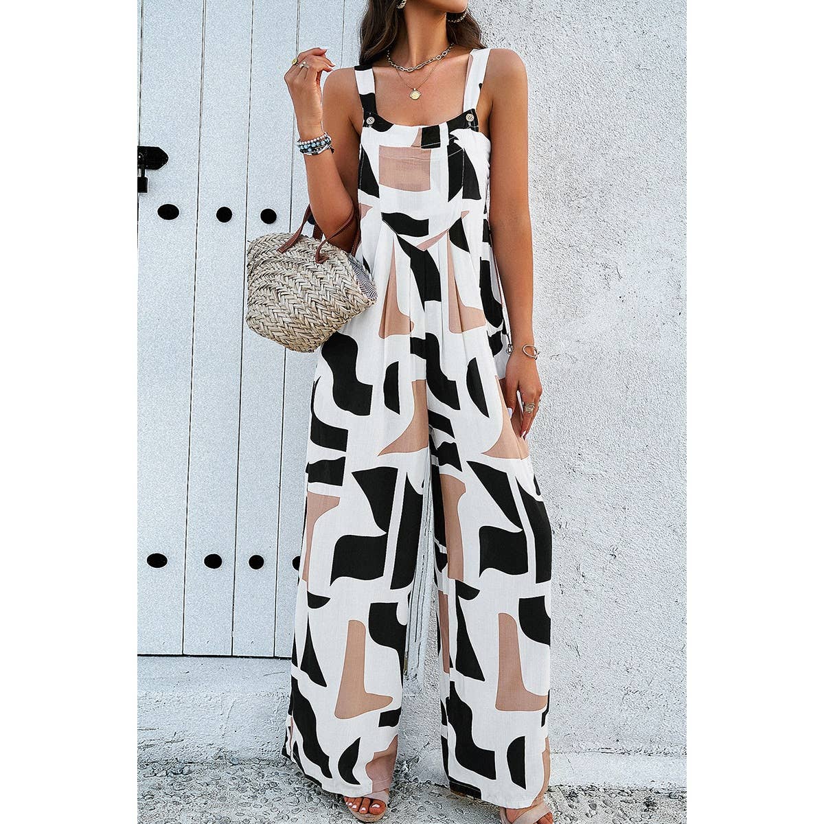 Geo Print Smocked Sleeveless Pockets Jumpsuit