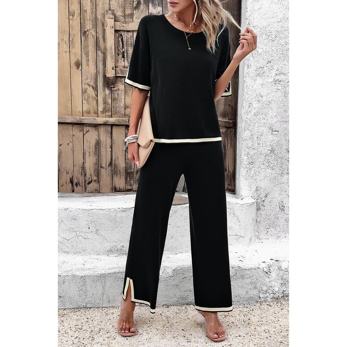 Two Pieces Outfits Knit Short Sleeve Wide Leg Lounge Set
