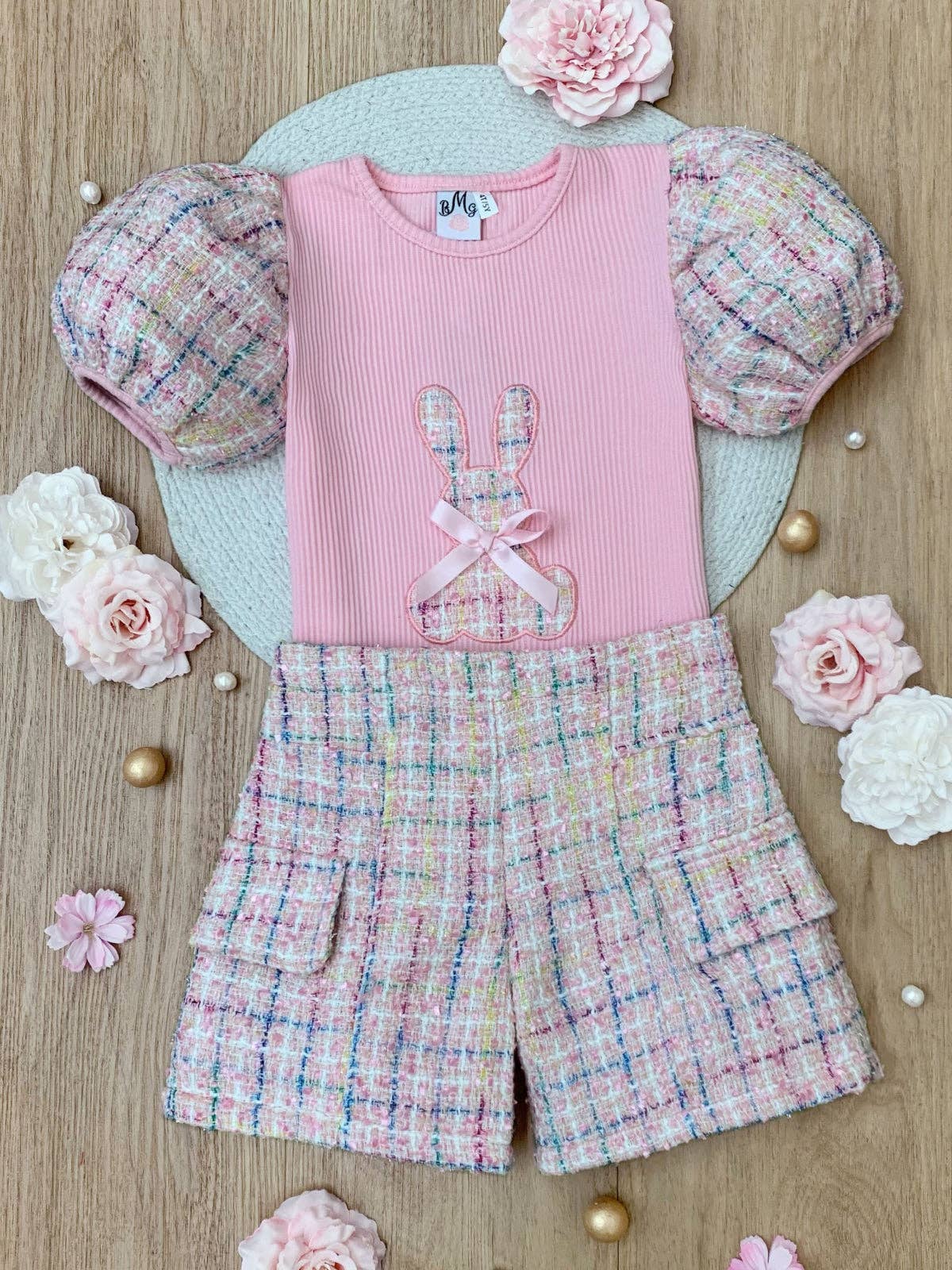Chic Embroidered Bunny Top and Tweed Short Set