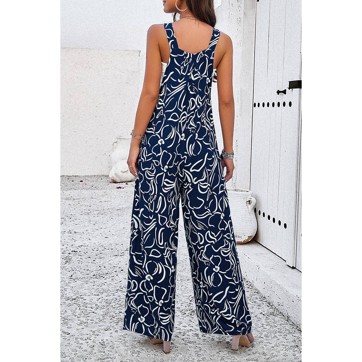 Geo Print Smocked Sleeveless Pockets Jumpsuit