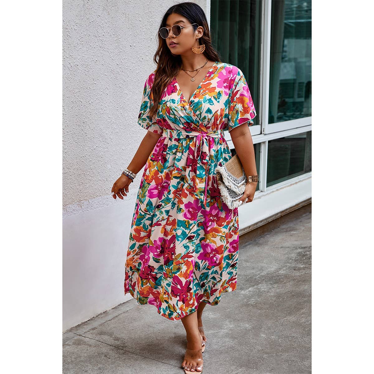 Plus Size Floral Butterfly Sleeve Belted Dress