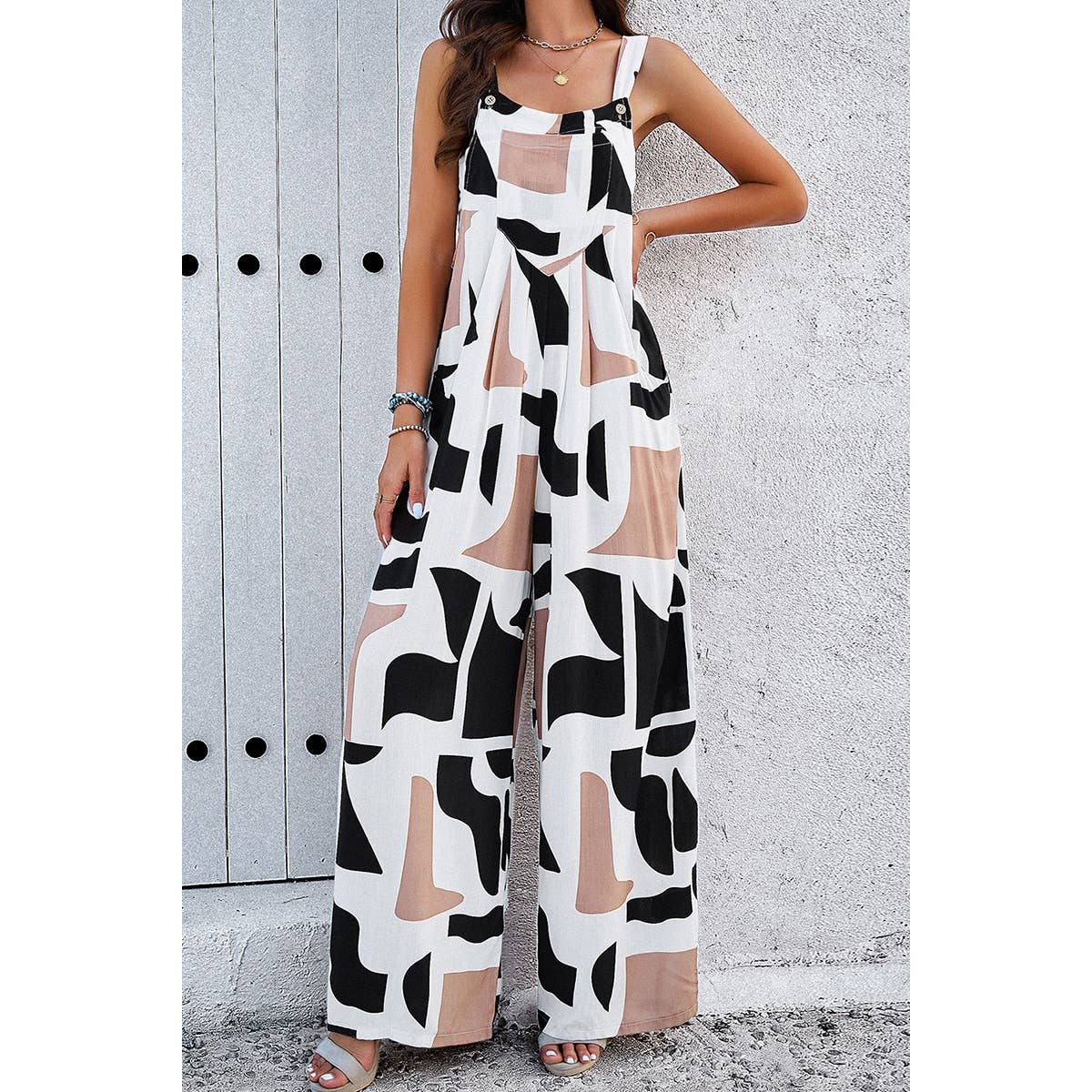 Geo Print Smocked Sleeveless Pockets Jumpsuit