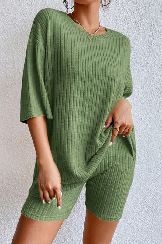 Plain Ribbed Loose Fit Two Piece Sage Green Lounge Set