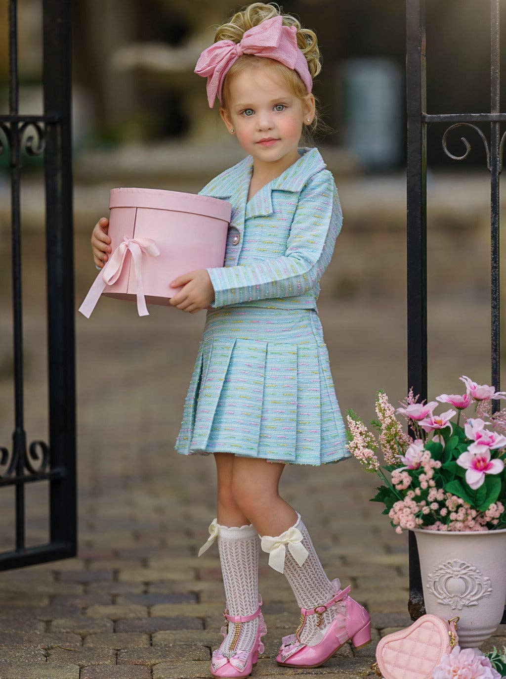 Little Sweetie Tweed Matching Blazer And Pleated Skirt Set