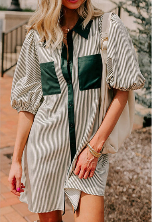 Patch Pockets Button Down Puff Sleeve Dress