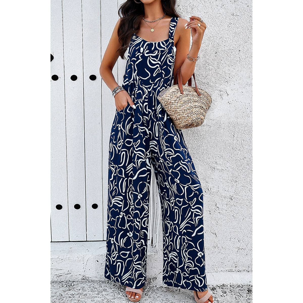 Geo Print Smocked Sleeveless Pockets Jumpsuit