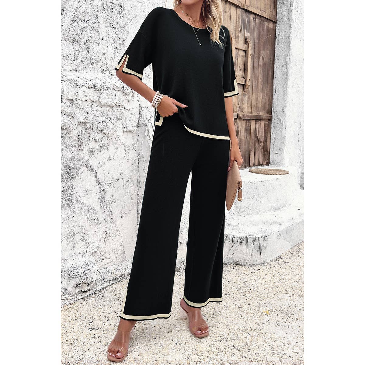 Two Pieces Outfits Knit Short Sleeve Wide Leg Lounge Set