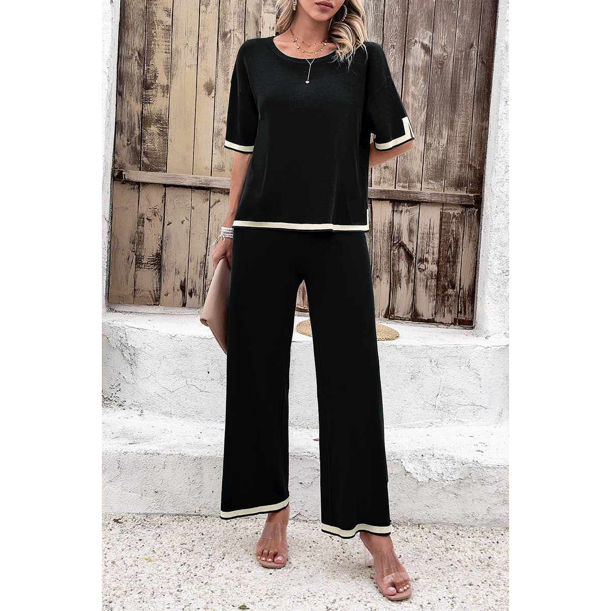Two Pieces Outfits Knit Short Sleeve Wide Leg Lounge Set