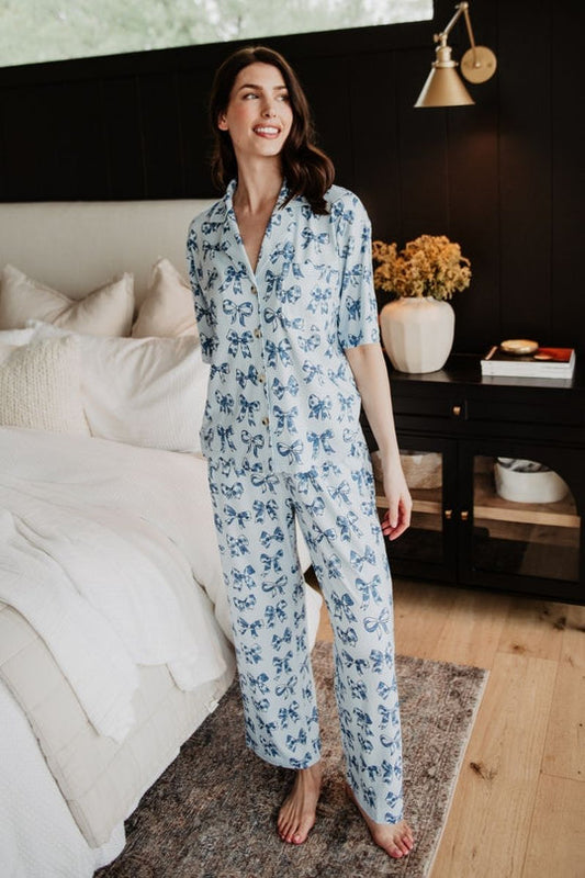 Light Blue Toile Bows Pajama Set