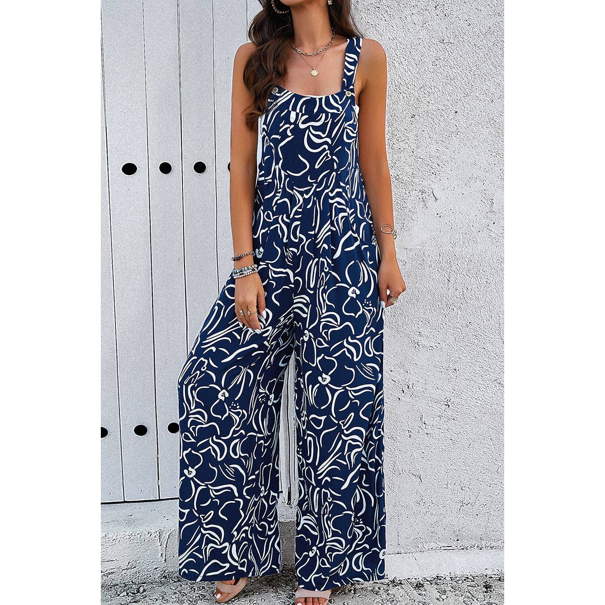 Geo Print Smocked Sleeveless Pockets Jumpsuit