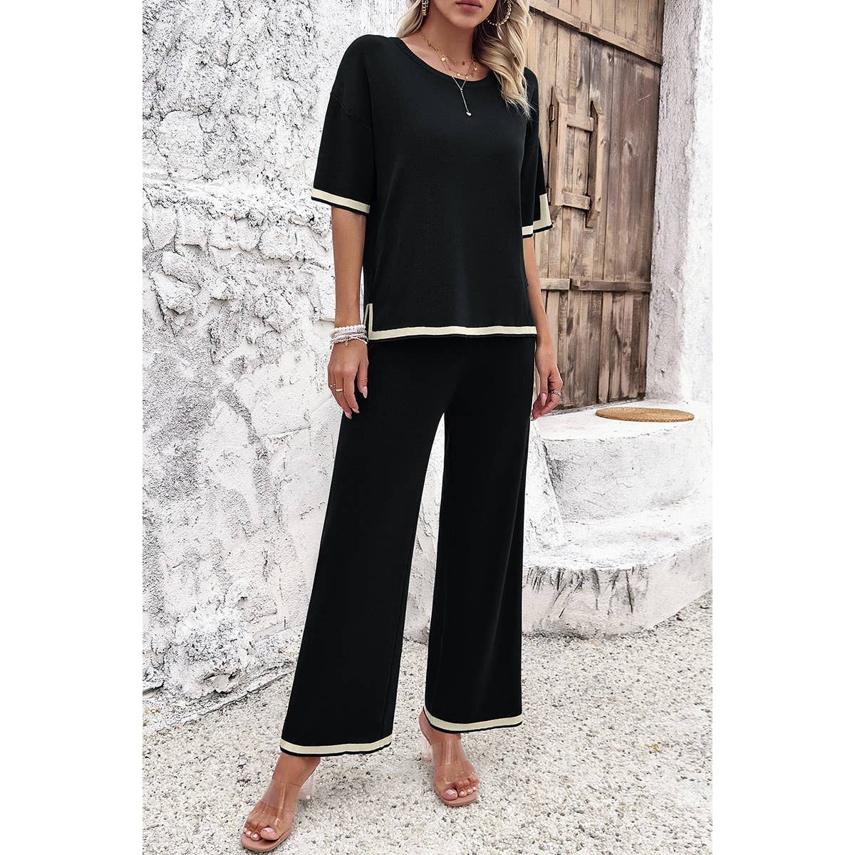 Two Pieces Outfits Knit Short Sleeve Wide Leg Lounge Set