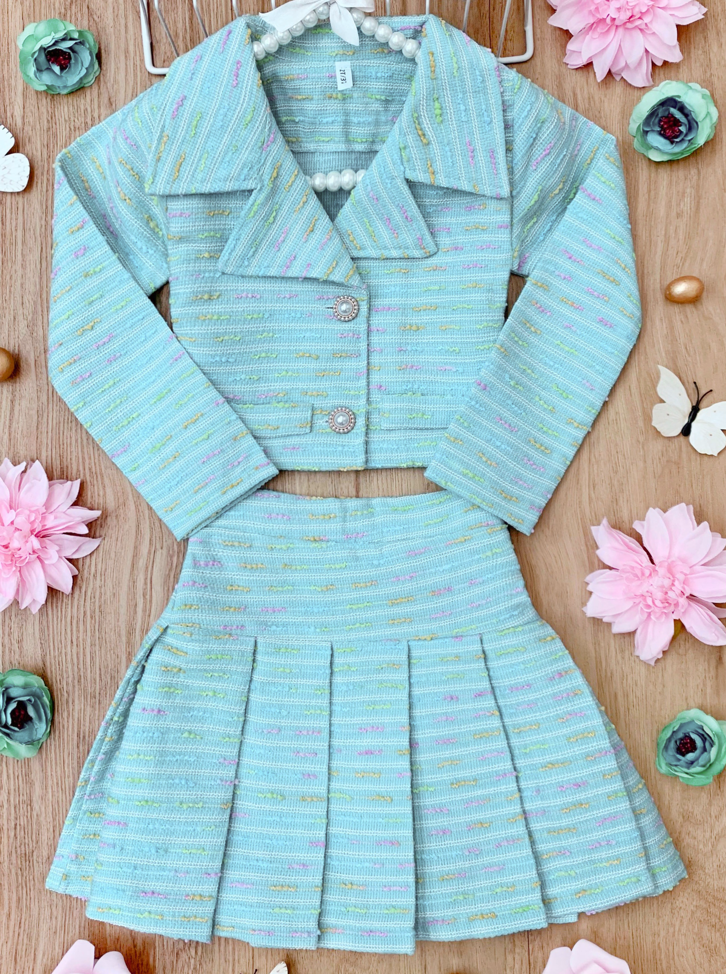 Little Sweetie Tweed Matching Blazer And Pleated Skirt Set