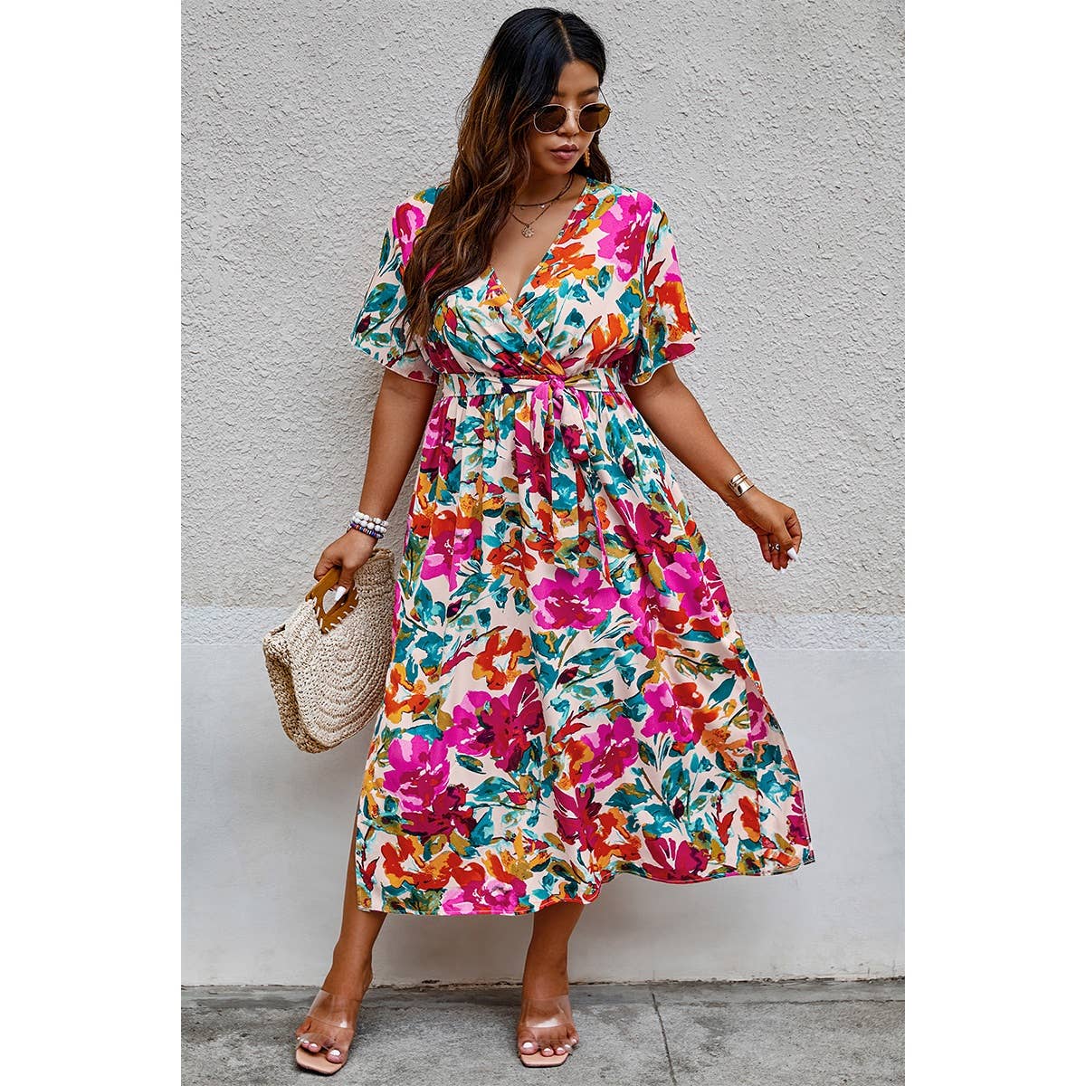 Plus Size Floral Butterfly Sleeve Belted Dress