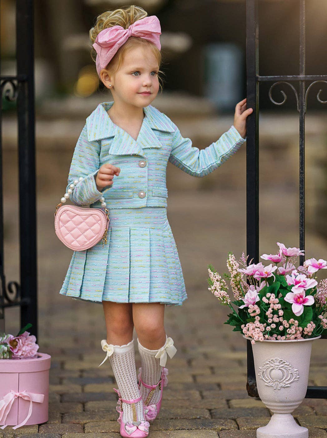 Little Sweetie Tweed Matching Blazer And Pleated Skirt Set
