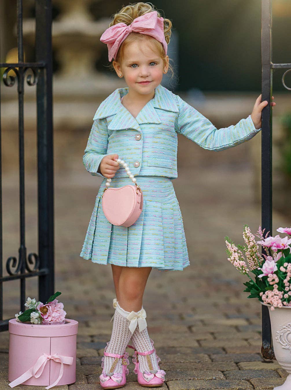 Little Sweetie Tweed Matching Blazer And Pleated Skirt Set